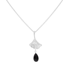Sterling Silver Whitby Jet Teardrop Ginkgo Biloba Leaf Pendant