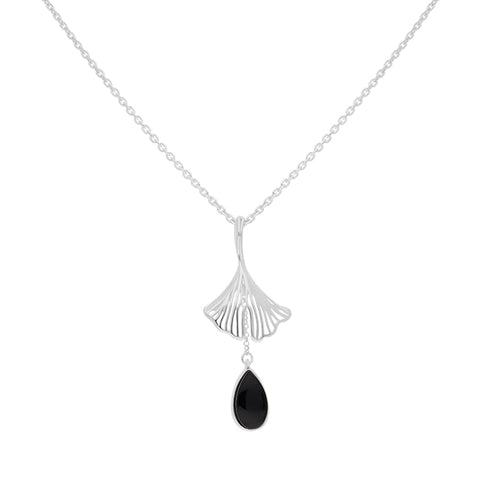 Sterling Silver Whitby Jet Teardrop Ginkgo Biloba Leaf Pendant