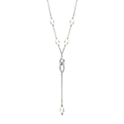 Sterling Silver White Pearl Five Stone Double Oval Drop Necklace, N707.