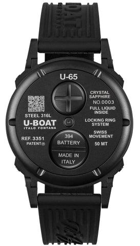 Black U-Boat watch with detailed case back on a white background