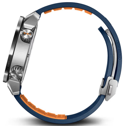 Close-up of a watch with blue and orange band on a white background