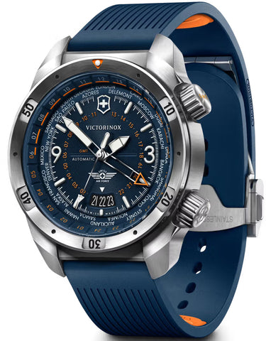 Victorinox watch with blue strap and silver case on a white background