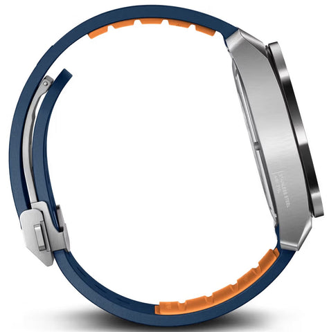 Close-up of a smartwatch with a blue and orange band on a white background