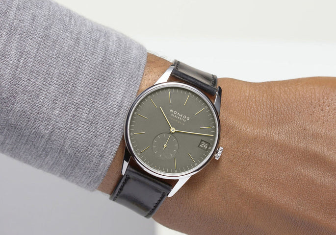 Nomos Glashutte Orion Neomatik 41 Date Olive Gold Sapphire Crystal