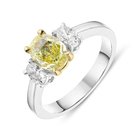 18ct White Gold 1.00ct Yellow Diamond and 0.41ct Diamond Oval Three Stone Ring BLC125