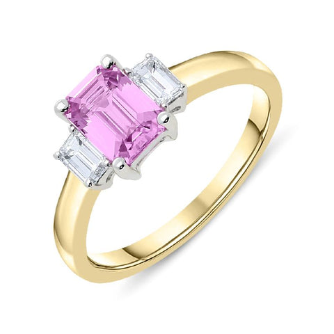 18ct Yellow Gold 1.00ct Pink Sapphire and Diamond Trilogy Ring. FEU-1281.
