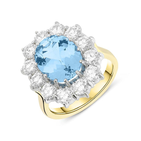 18ct Yellow Gold Aquamarine Diamond Cluster Ring 5012P2
