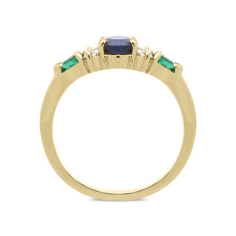 18ct Yellow Gold Sapphire, Diamond and Emerald Ring. PJW-234.