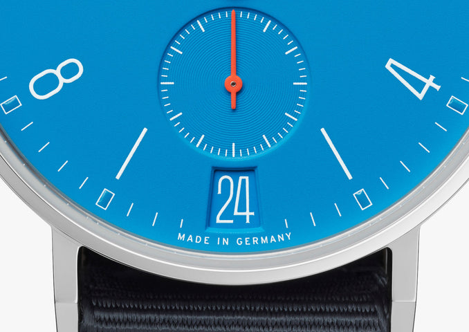 Nomos Glashutte Watch Ahoi Datum Signalblau Sapphire Crystal