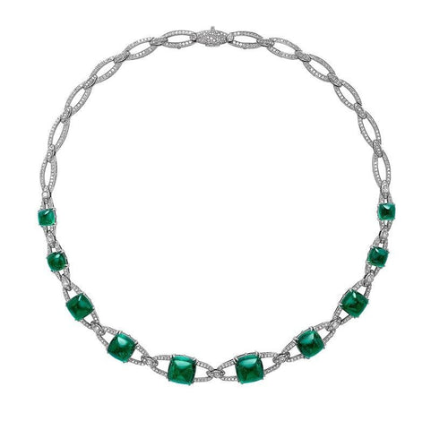 Faberge Colours of Love Empress 18ct White Gold 54.23ct Sugarloaf Emerald Diamond Necklace 1263NE2333