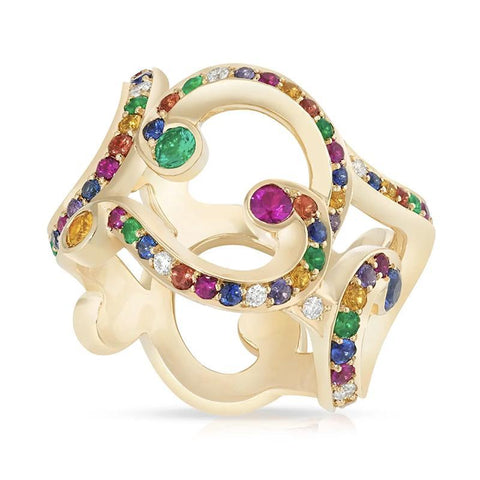 Faberge Rococo 18ct Yellow Gold Multi-Coloured Wide Ring 1884.