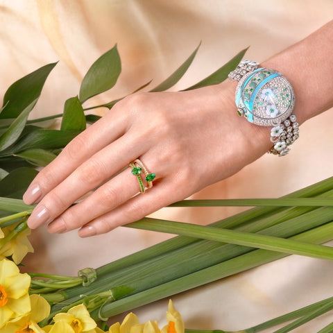 Faberge Three Colours of Love 18ct Yellow Gold Emerald Diamond Fluted Ring 2490