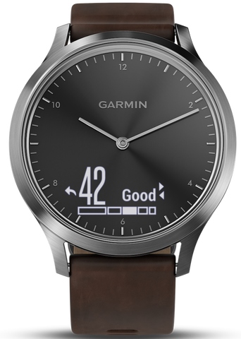 Garmin Watch Vivomove HR Silver Tone with Dark Brown Leather Band D