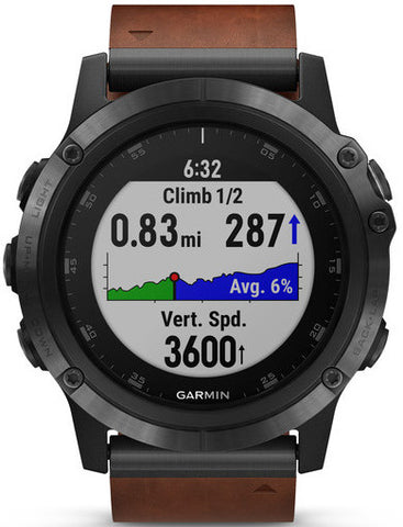 Garmin Watch Fenix 5X Plus Sapphire Slate Grey Brown Leather Band D
