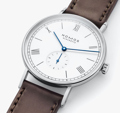 Nomos Glashutte Ludwig 38 White Enamel Sapphire Crystal Watch