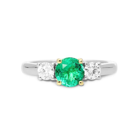 Platinum 0.71ct Emerald Diamond Brilliant Cut Trilogy Ring, PJW-350.