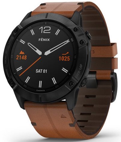 Garmin Watch Fenix 6X Sapphire Black DLC Brown Leather Band 010-02157-14