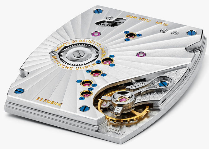 Nomos Glashutte Lux White Gold Light Blue Sapphire Crystal Watch