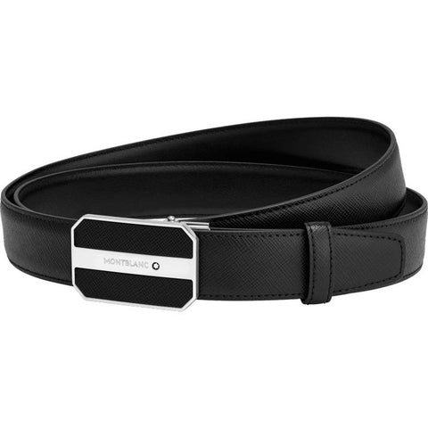 Montblanc Belt Octagonal Saffiano Leather And Shiny Palladium Coated Plate Buckle Black 123893