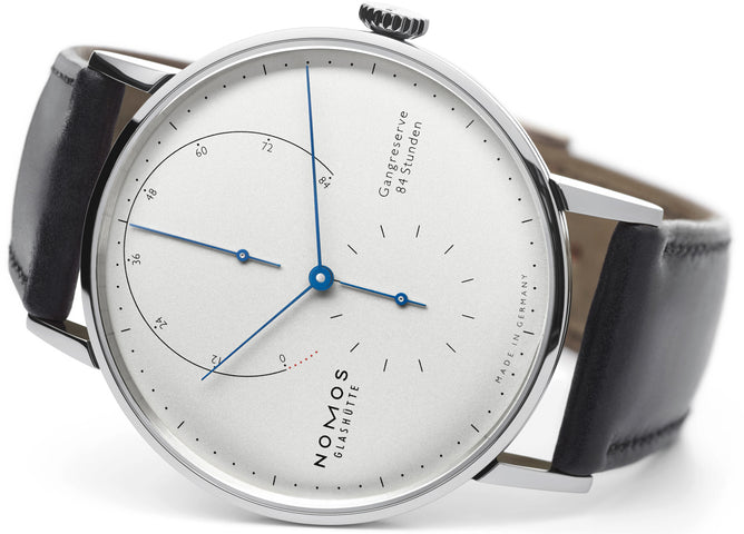 Nomos Glashutte Watch Lambda White Gold Zeiger Geblaut Sapphire Crystal