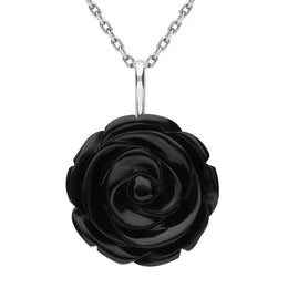 Sterling Silver Whitby Jet Large Carved Rose Two Piece Set