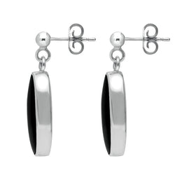 00073985 C W Sellors Sterling Silver Whitby Jet Light Long Oval Drop Earrings, E146.