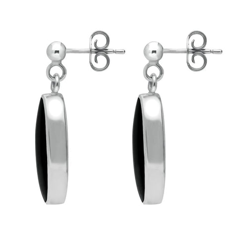 00073985 C W Sellors Sterling Silver Whitby Jet Light Long Oval Drop Earrings, E146.