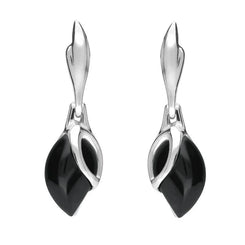 00074065 C W Sellors Sterling Silver Whitby Jet Leaf Shaped Open Top Drop Earrings E1655