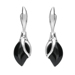 00074065 C W Sellors Sterling Silver Whitby Jet Leaf Shaped Open Top Drop Earrings E1655