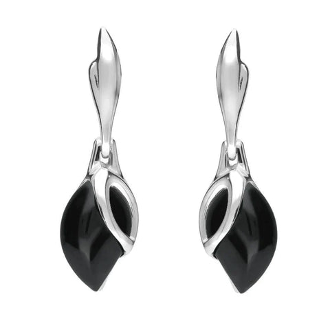 00074065 C W Sellors Sterling Silver Whitby Jet Leaf Shaped Open Top Drop Earrings E1655