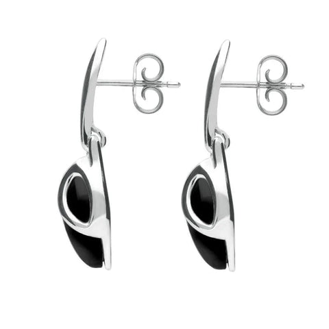 00074065 C W Sellors Sterling Silver Whitby Jet Leaf Shaped Open Top Drop Earrings E1655