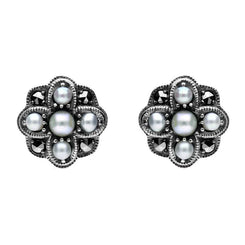 00082725 C W Sellors Sterling Silver Pearl and Marcasite Four Petal Flower Stud Earrings, E1690.