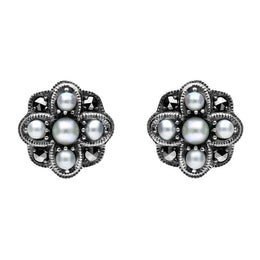 00082725 C W Sellors Sterling Silver Pearl and Marcasite Four Petal Flower Stud Earrings, E1690.