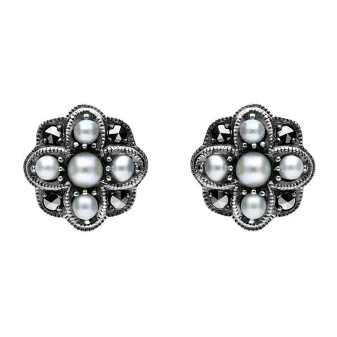 00082725 C W Sellors Sterling Silver Pearl and Marcasite Four Petal Flower Stud Earrings, E1690.