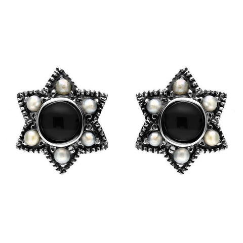 00150645 C W Sellors Sterling Silver Whitby Jet and Pearl Six Point Star Stud Earrings, E1638.