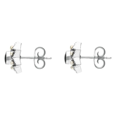 00150645 C W Sellors Sterling Silver Whitby Jet and Pearl Six Point Star Stud Earrings, E1638.