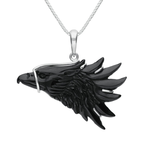 00153667 C W Sellors Sterling Silver Whitby Jet Carved Eagle Head Necklace, PUNQ0006194.