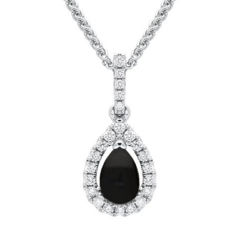 18ct White Gold Whitby Jet 0.13ct Diamond Pear Cluster Necklace