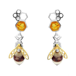 00166574 C W Sellors 9ct Yellow Gold Sterling Silver Amber Bee and Honeycomb Drop Earrings, E2426.