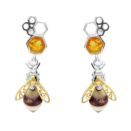 00166574 C W Sellors 9ct Yellow Gold Sterling Silver Amber Bee and Honeycomb Drop Earrings, E2426.