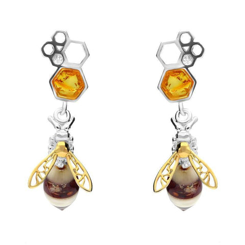 00166574 C W Sellors 9ct Yellow Gold Sterling Silver Amber Bee and Honeycomb Drop Earrings, E2426.