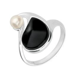 00167665 C W Sellors Sterling Silver Whitby Jet Pearl Open Twist Ring. R1166