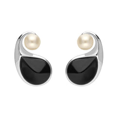 00167687 C W Sellors Sterling Silver Whitby Jet Pearl Open Twist Earrings. E2435