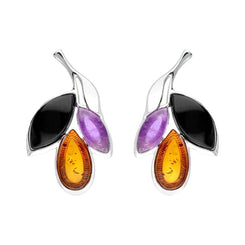 Sterling Silver Whitby Jet Amethyst Amber Three Leaf Stud Earrings E2494