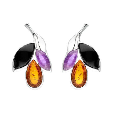 Sterling Silver Whitby Jet Amethyst Amber Three Leaf Stud Earrings E2494