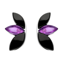 Sterling Silver Whitby Jet Amethyst Three Leaf Stud Earrings E2498
