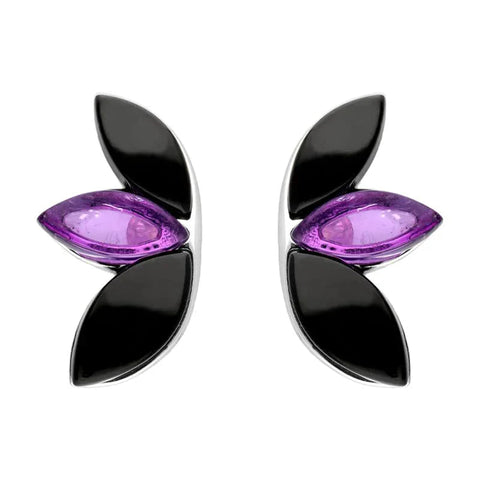 Sterling Silver Whitby Jet Amethyst Three Leaf Stud Earrings E2498