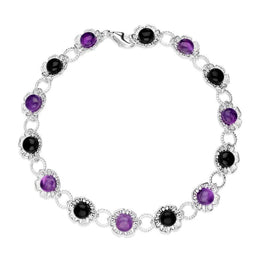 Sterling Silver Whitby Jet Amethyst Flower Bracelet B1159