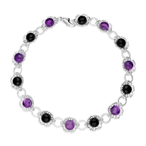 Sterling Silver Whitby Jet Amethyst Flower Bracelet B1159