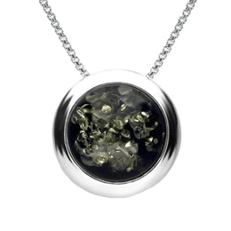 Sterling Silver Green Amber Round Ribbed Edge Necklace P3486